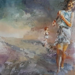 Abstract painting of women running