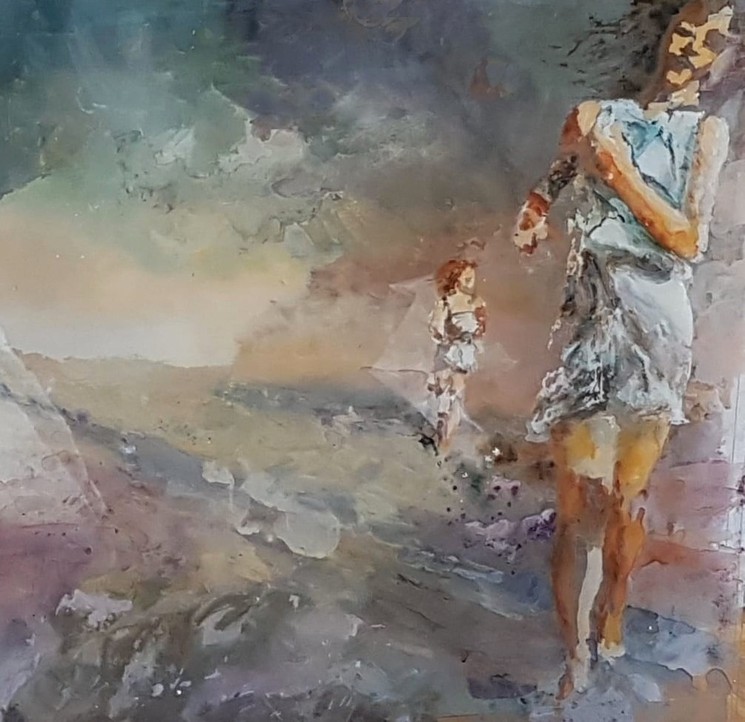 Abstract painting of women running